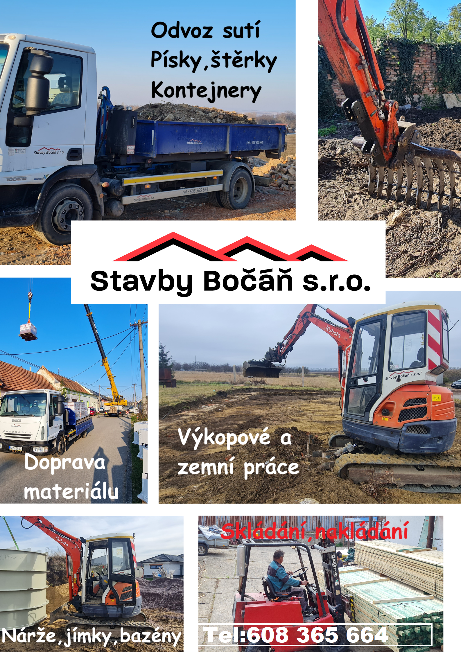 Výkopové práce kontejnery, dovoz písku, štěrku, materiálů, Střechy Znojmo